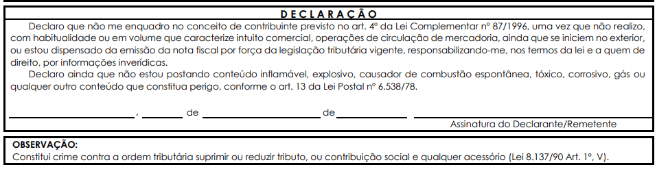 campo de assinatura da declaração de conteúdo dos correios