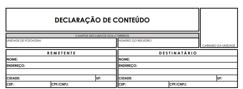 cabeçalho da declaração de conteúdo dos correios