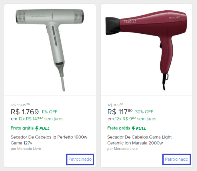 Exemplo de anúncio patrocinado Mercado Ads